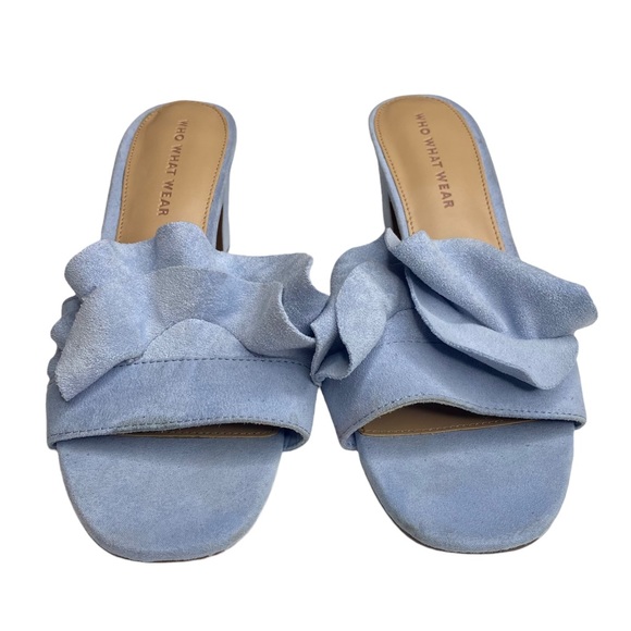 new Who What Wear ꧁ Zadie Ruffled Mule Heels Slide In Sandals ꧂ Blue Vegan Suede - Picture 15 of 16